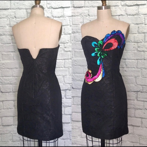 Vintage Party Dress 80s/90s Mini Black Lace Multi Color Sequin applique. Bodycon - Picture 2 of 2